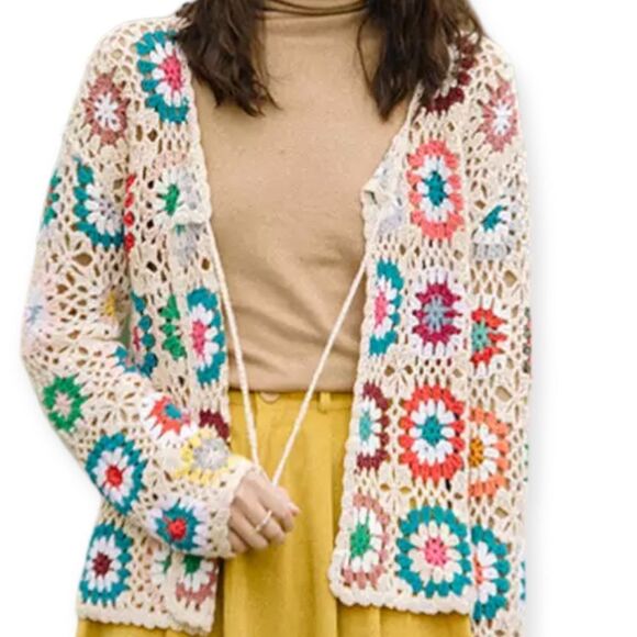 Colorful Floral Long Sleeve Lightweight Cropped Crochet Cardigan NEW - Picture 1 of 4